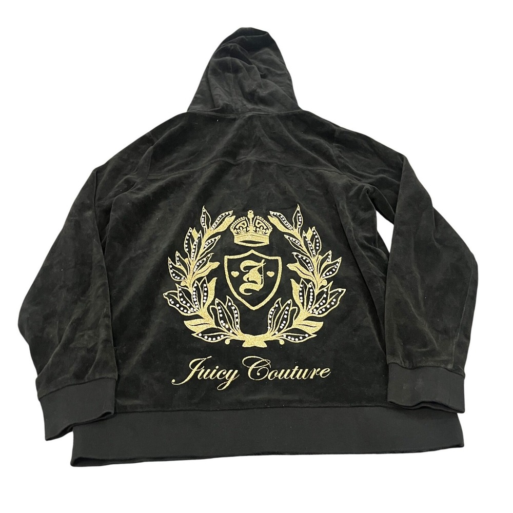 Y2K Juicy Couture Hoodie Womens S Black Velour Gold Rhinestone Crest Full Zip